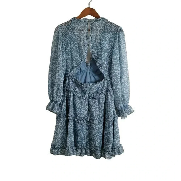 Womens Spring Summer Deep V Neck Ruffle Long Sleeve Floral Print Mini Dress Sz S - Picture 2 of 12